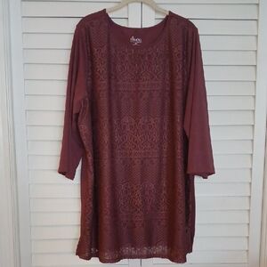 3X Denim & Co. Lace Tunic in Mauve/ Dusty Rose With 3/4 Sleeves